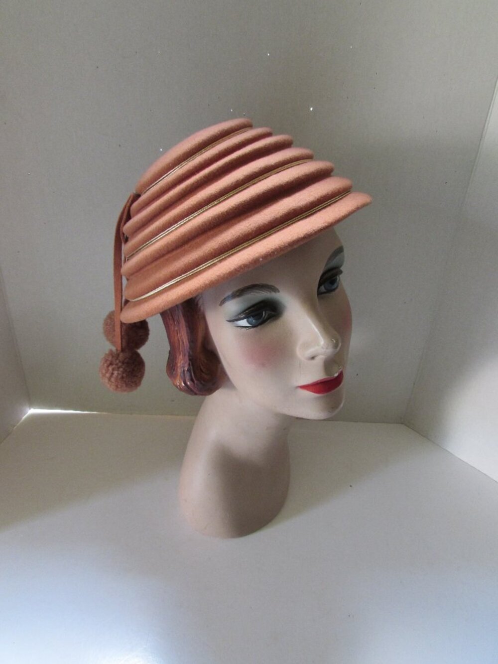 Vintage Cinnamon Color Felt Hat Dangling Puffs Glenover